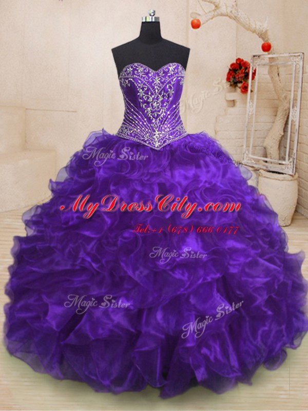 Suitable Purple Lace Up Sweetheart Beading and Ruffles Quince Ball Gowns Organza Sleeveless Sweep Train