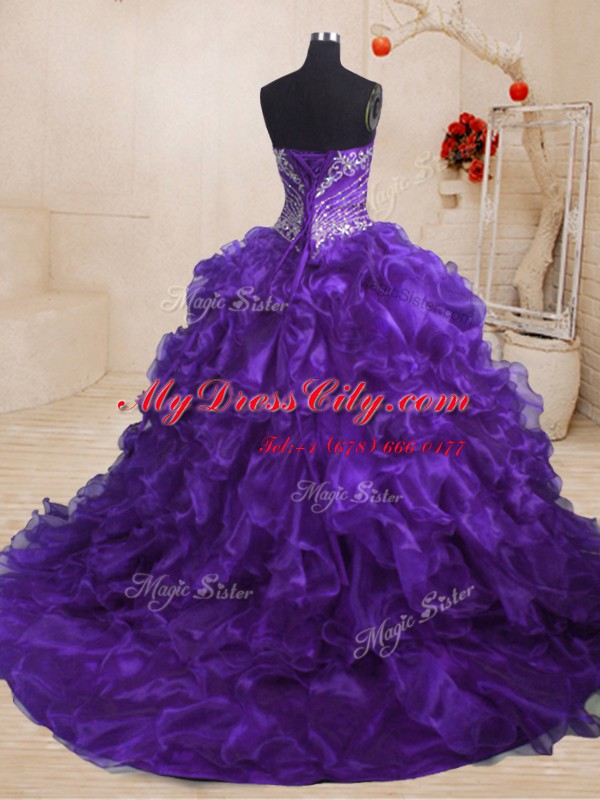 Suitable Purple Lace Up Sweetheart Beading and Ruffles Quince Ball Gowns Organza Sleeveless Sweep Train