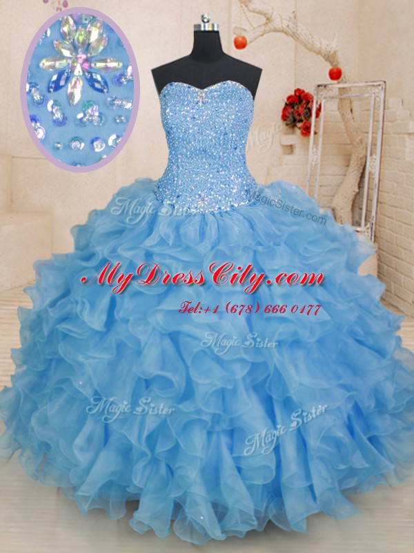 Sweetheart Sleeveless Organza Quinceanera Dress Beading and Ruffles Lace Up