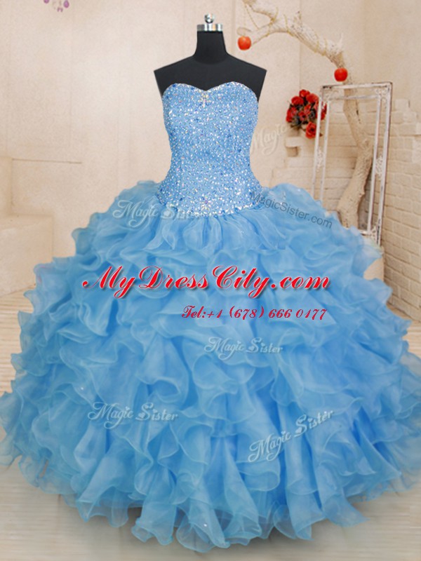 Sweetheart Sleeveless Organza Quinceanera Dress Beading and Ruffles Lace Up