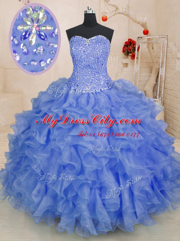 Blue Ball Gowns Organza Sweetheart Sleeveless Beading and Ruffles Floor Length Lace Up Quinceanera Dresses