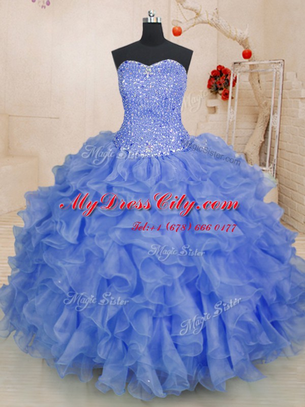 Blue Ball Gowns Organza Sweetheart Sleeveless Beading and Ruffles Floor Length Lace Up Quinceanera Dresses