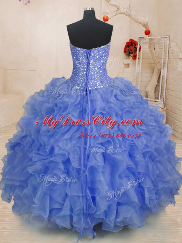 Blue Ball Gowns Organza Sweetheart Sleeveless Beading and Ruffles Floor Length Lace Up Quinceanera Dresses