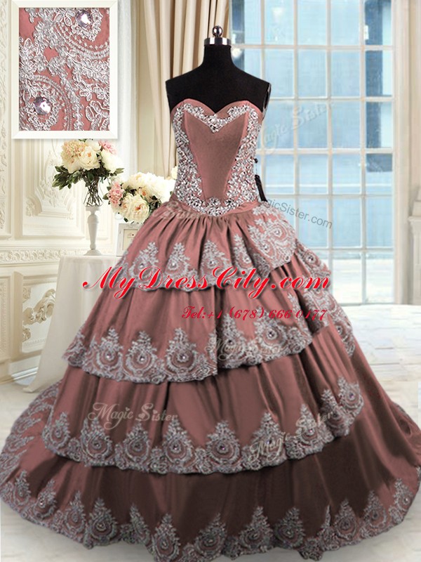 Sleeveless Taffeta With Train Court Train Lace Up Quinceanera Dresses in Brown with Beading and Appliques and Ruffled Layers