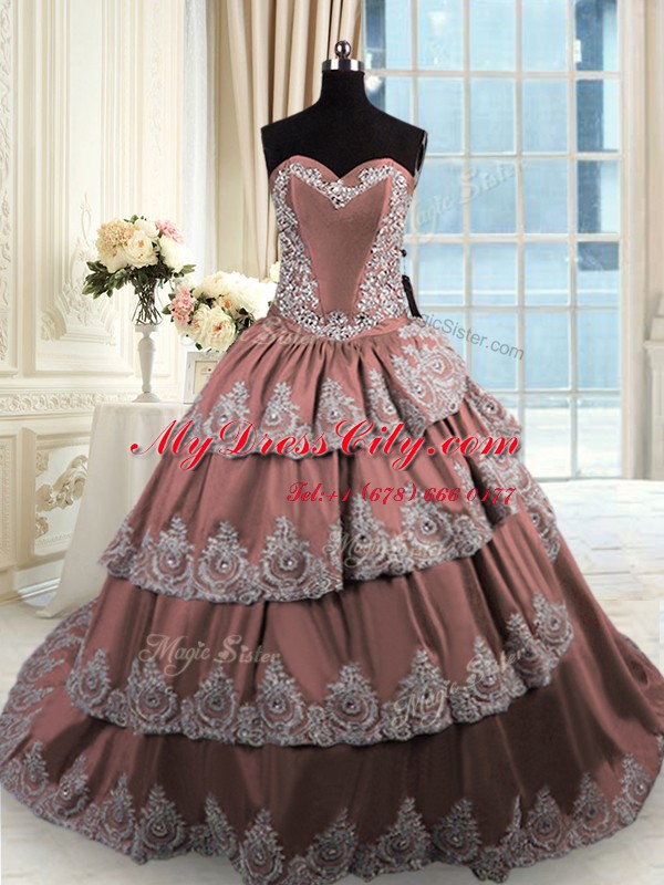 Sleeveless Taffeta With Train Court Train Lace Up Quinceanera Dresses in Brown with Beading and Appliques and Ruffled Layers