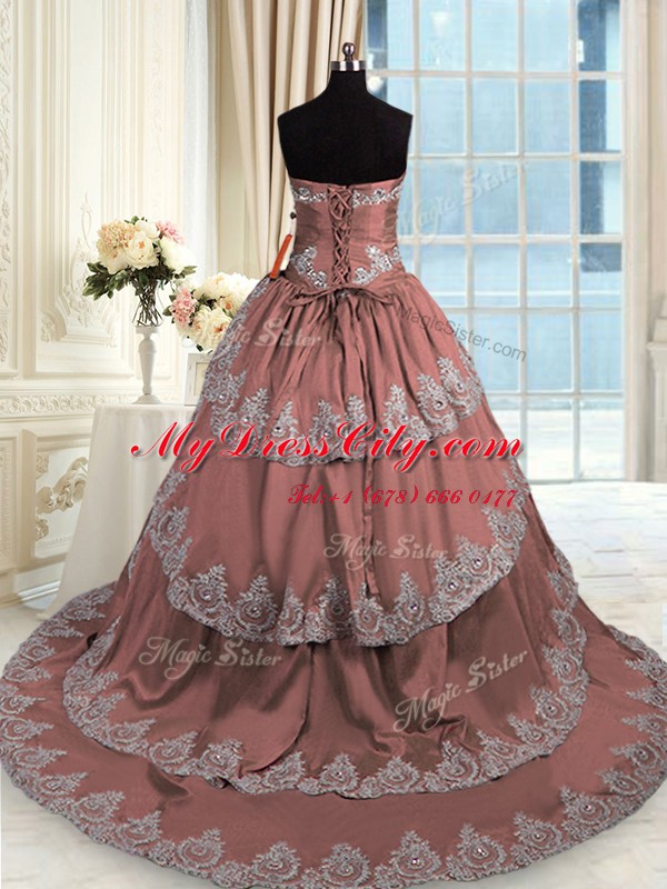 Sleeveless Taffeta With Train Court Train Lace Up Quinceanera Dresses in Brown with Beading and Appliques and Ruffled Layers