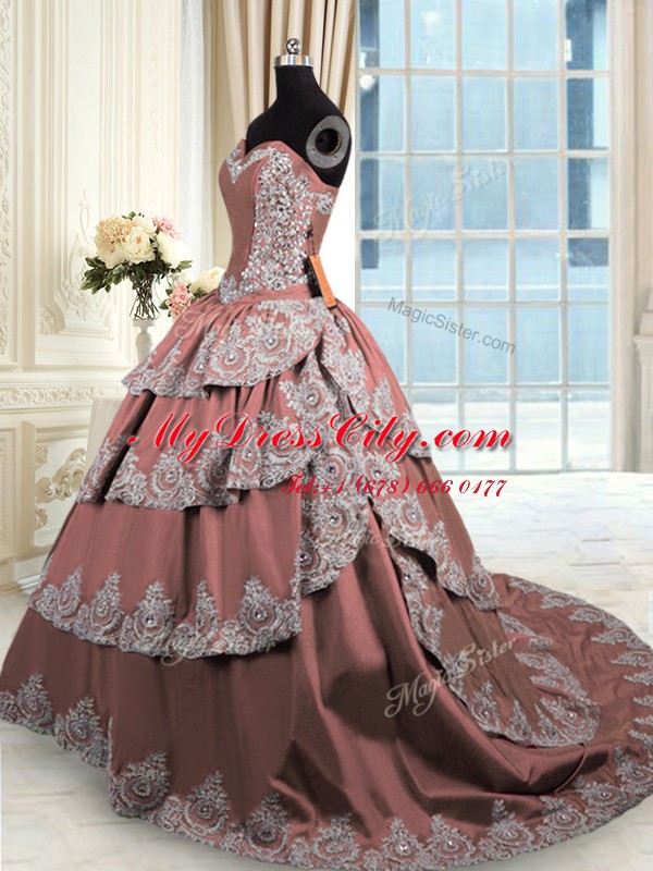 Sleeveless Taffeta With Train Court Train Lace Up Quinceanera Dresses in Brown with Beading and Appliques and Ruffled Layers