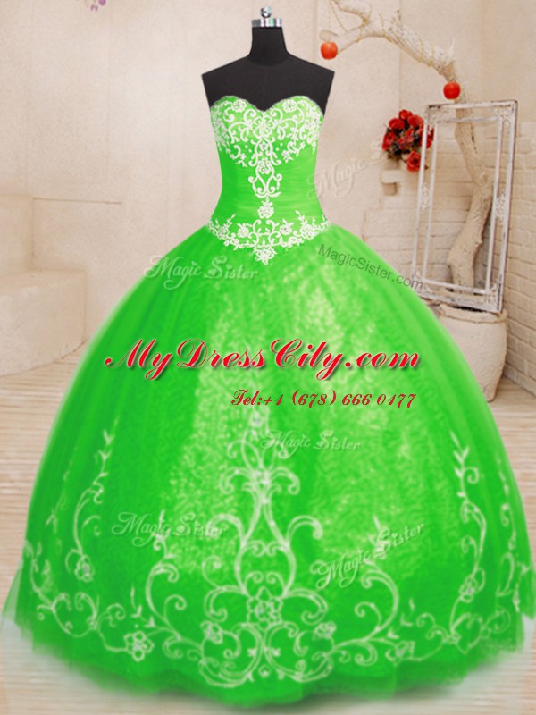 Lovely Tulle Lace Up Sweetheart Sleeveless Floor Length Sweet 16 Quinceanera Dress Beading and Appliques