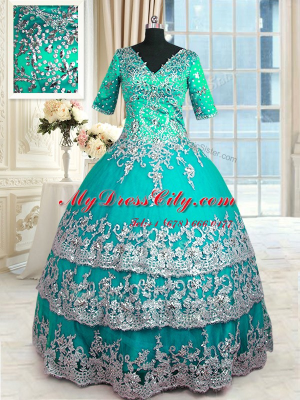 Chic Beading and Lace and Appliques and Ruffled Layers Sweet 16 Quinceanera Dress Turquoise Zipper Half Sleeves Floor Length