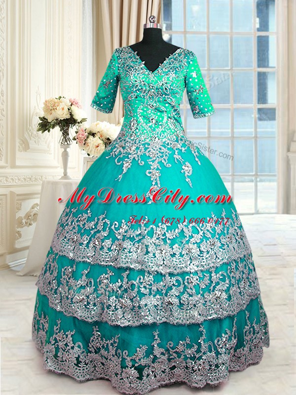 Chic Beading and Lace and Appliques and Ruffled Layers Sweet 16 Quinceanera Dress Turquoise Zipper Half Sleeves Floor Length