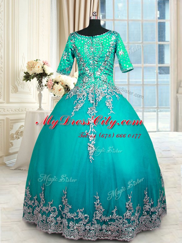 Chic Beading and Lace and Appliques and Ruffled Layers Sweet 16 Quinceanera Dress Turquoise Zipper Half Sleeves Floor Length