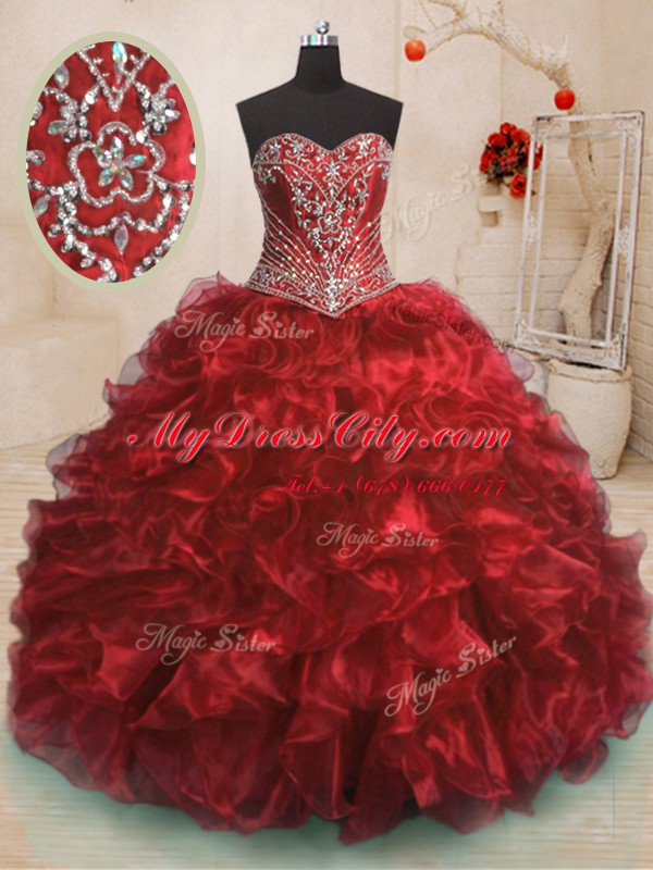 Enchanting Organza Sweetheart Sleeveless Sweep Train Lace Up Beading and Ruffles Vestidos de Quinceanera in Wine Red