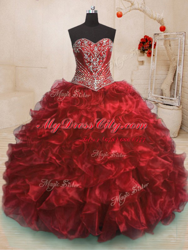 Enchanting Organza Sweetheart Sleeveless Sweep Train Lace Up Beading and Ruffles Vestidos de Quinceanera in Wine Red