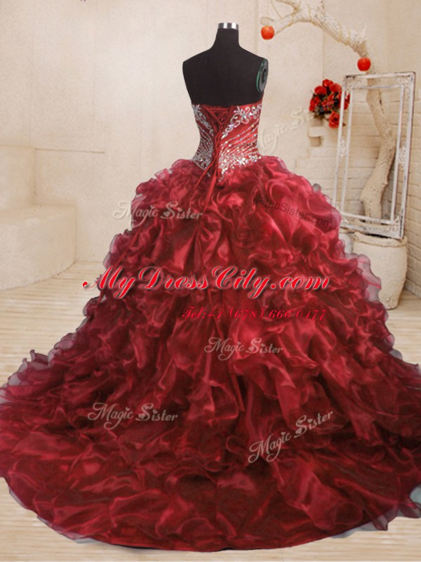 Enchanting Organza Sweetheart Sleeveless Sweep Train Lace Up Beading and Ruffles Vestidos de Quinceanera in Wine Red