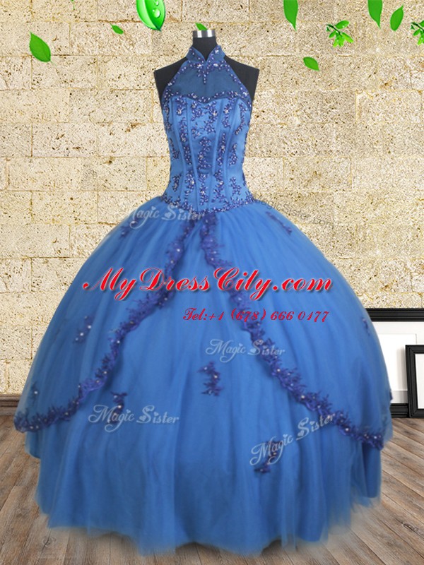 Pretty Halter Top Blue Lace Up Sweet 16 Dresses Beading Sleeveless Floor Length