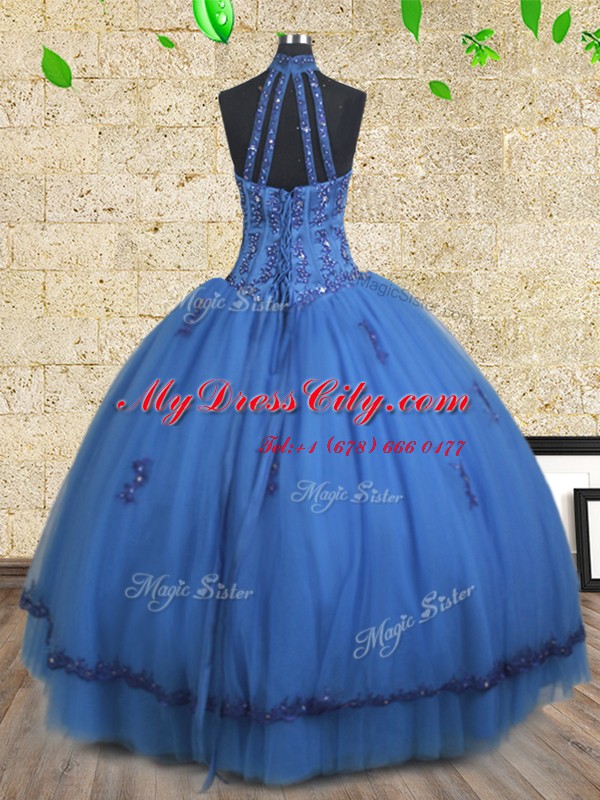 Pretty Halter Top Blue Lace Up Sweet 16 Dresses Beading Sleeveless Floor Length