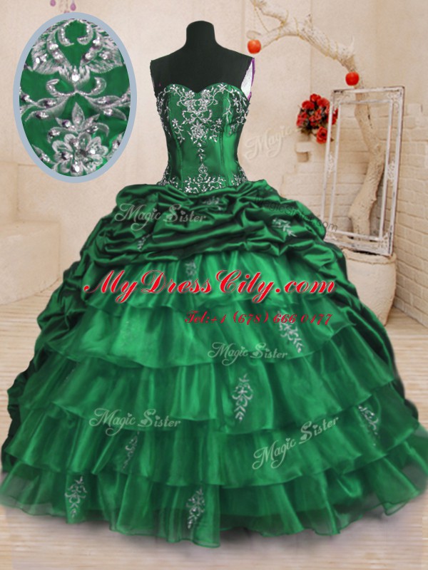 Traditional Dark Green Organza and Taffeta Lace Up Sweet 16 Quinceanera Dress Sleeveless With Train Sweep Train Beading and Appliques and Ruffled Layers and Pick Ups