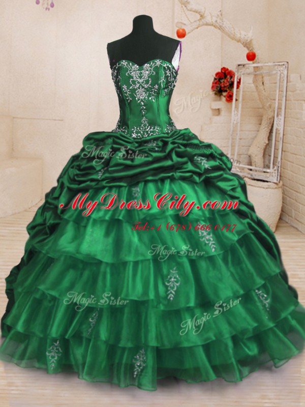 Traditional Dark Green Organza and Taffeta Lace Up Sweet 16 Quinceanera Dress Sleeveless With Train Sweep Train Beading and Appliques and Ruffled Layers and Pick Ups