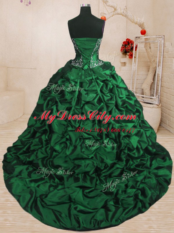 Traditional Dark Green Organza and Taffeta Lace Up Sweet 16 Quinceanera Dress Sleeveless With Train Sweep Train Beading and Appliques and Ruffled Layers and Pick Ups