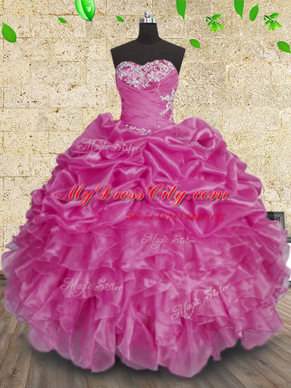 Ideal Ball Gowns Sweet 16 Quinceanera Dress Fuchsia Sweetheart Organza Sleeveless Floor Length Lace Up