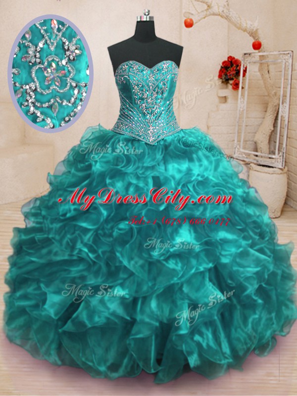 Organza Sweetheart Sleeveless Sweep Train Lace Up Beading and Ruffles 15 Quinceanera Dress in Teal