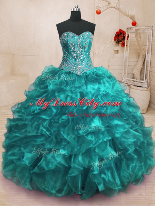 Organza Sweetheart Sleeveless Sweep Train Lace Up Beading and Ruffles 15 Quinceanera Dress in Teal