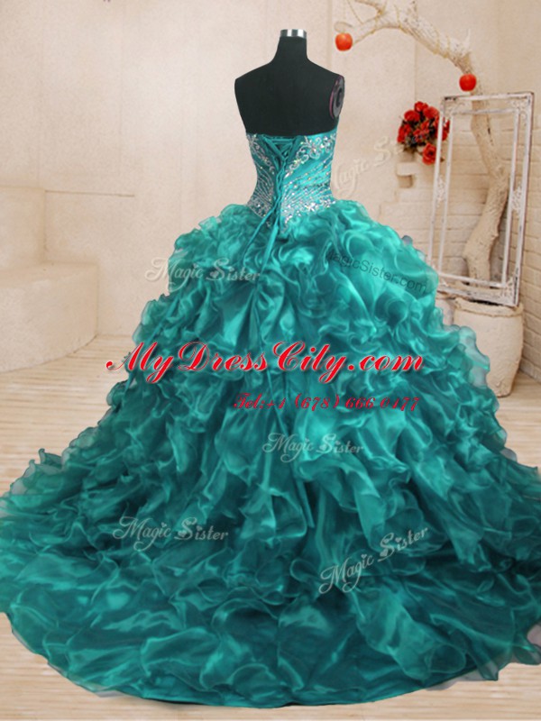 Organza Sweetheart Sleeveless Sweep Train Lace Up Beading and Ruffles 15 Quinceanera Dress in Teal