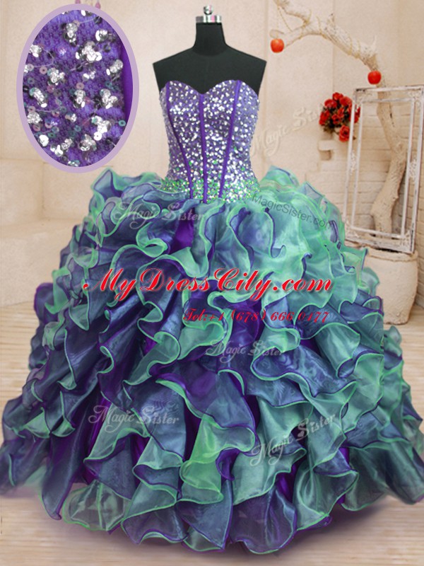 Custom Designed Multi-color Sweetheart Neckline Beading and Ruffles Sweet 16 Dresses Sleeveless Lace Up