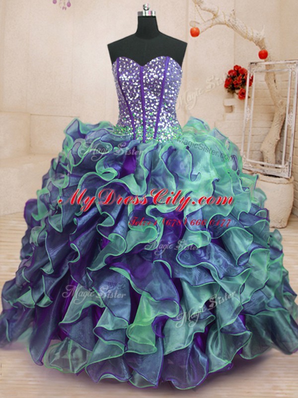 Custom Designed Multi-color Sweetheart Neckline Beading and Ruffles Sweet 16 Dresses Sleeveless Lace Up