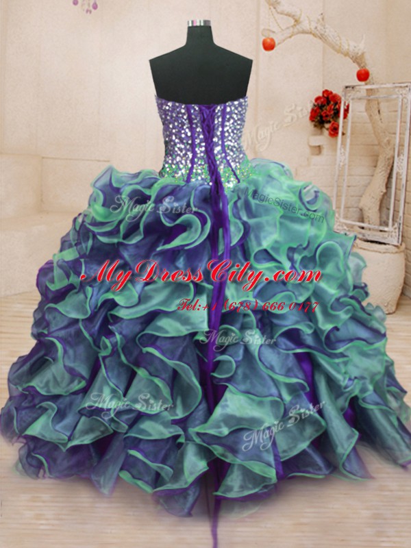 Custom Designed Multi-color Sweetheart Neckline Beading and Ruffles Sweet 16 Dresses Sleeveless Lace Up