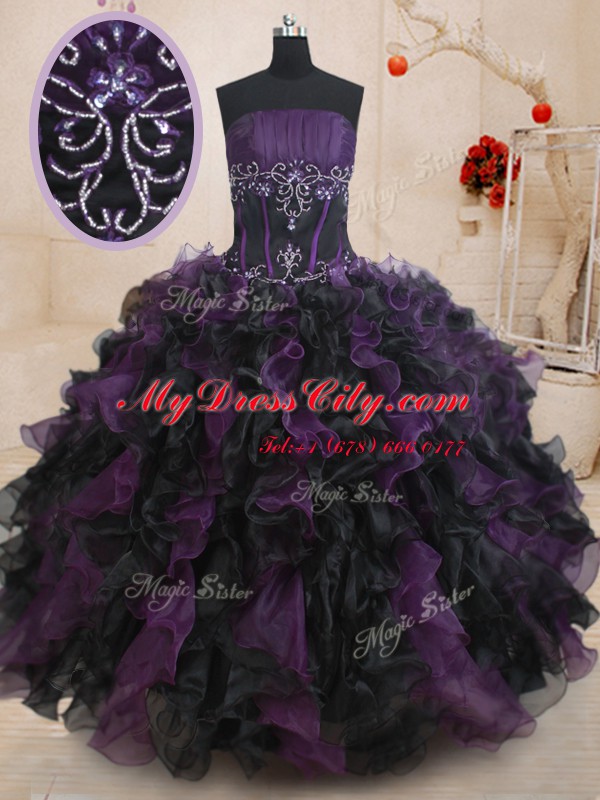 Chic Black And Purple Sleeveless Organza Lace Up 15th Birthday Dress for Military Ball and Sweet 16 and Quinceanera