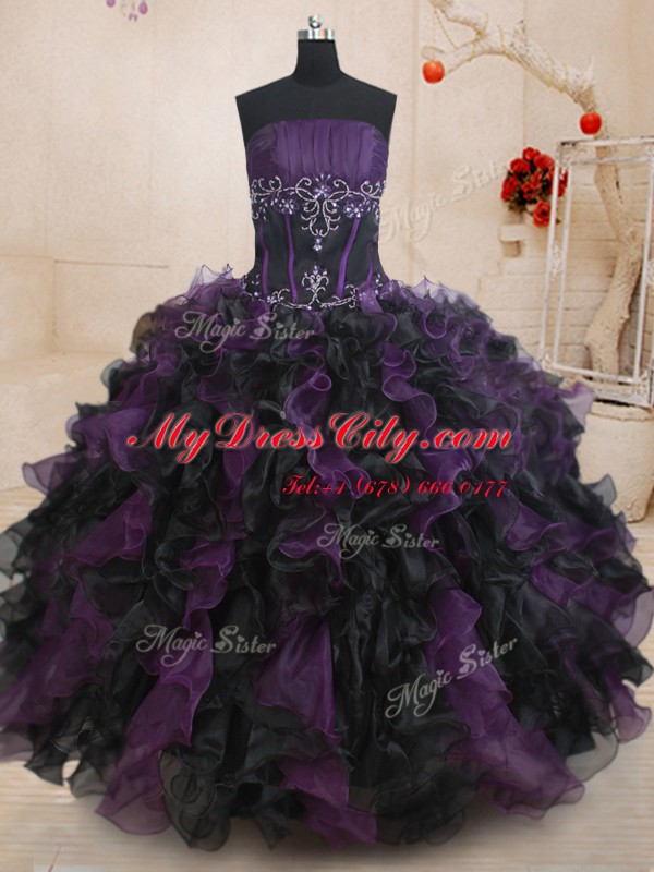 Chic Black And Purple Sleeveless Organza Lace Up 15th Birthday Dress for Military Ball and Sweet 16 and Quinceanera