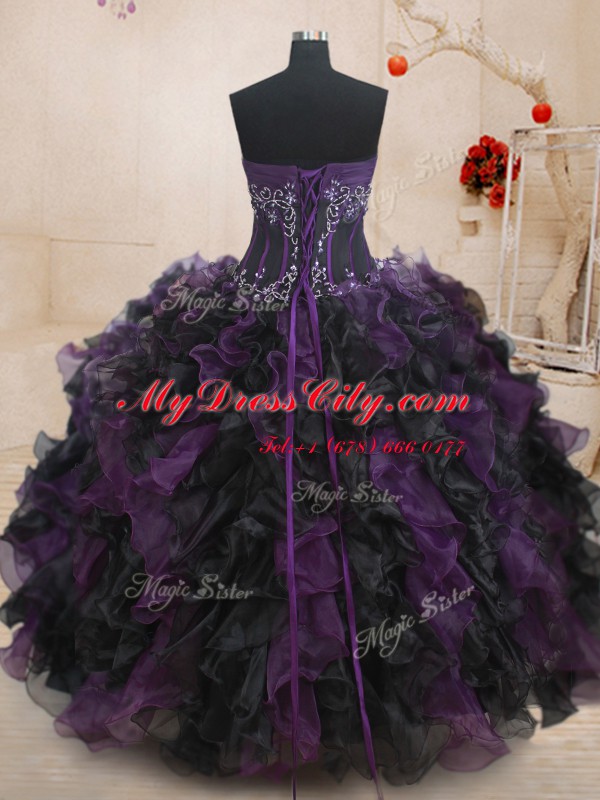 Chic Black And Purple Sleeveless Organza Lace Up 15th Birthday Dress for Military Ball and Sweet 16 and Quinceanera