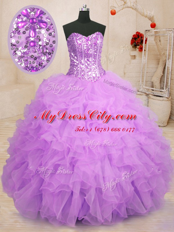 Lilac Sweetheart Lace Up Beading and Ruffles Vestidos de Quinceanera Sleeveless