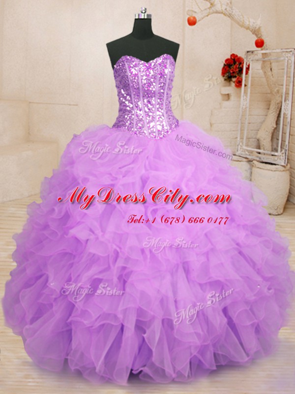 Lilac Sweetheart Lace Up Beading and Ruffles Vestidos de Quinceanera Sleeveless