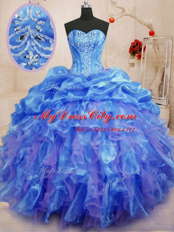 Delicate Sweetheart Sleeveless Lace Up Vestidos de Quinceanera Blue Organza