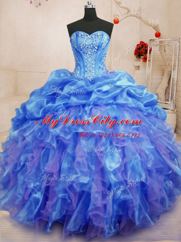 Delicate Sweetheart Sleeveless Lace Up Vestidos de Quinceanera Blue Organza