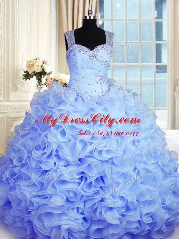 Customized Ball Gowns Ball Gown Prom Dress Baby Blue Sweetheart Organza Sleeveless Floor Length Zipper