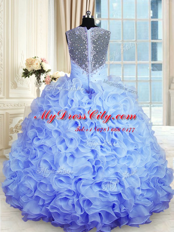 Customized Ball Gowns Ball Gown Prom Dress Baby Blue Sweetheart Organza Sleeveless Floor Length Zipper