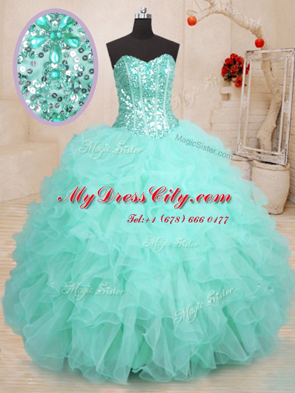 Apple Green Lace Up Sweetheart Beading and Ruffles Sweet 16 Dress Organza Sleeveless