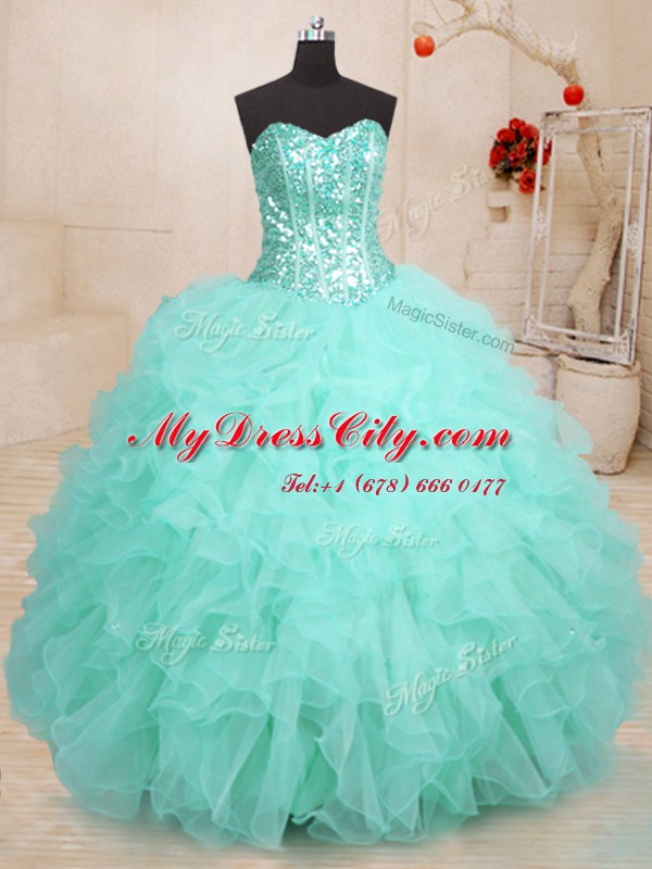 Apple Green Lace Up Sweetheart Beading and Ruffles Sweet 16 Dress Organza Sleeveless