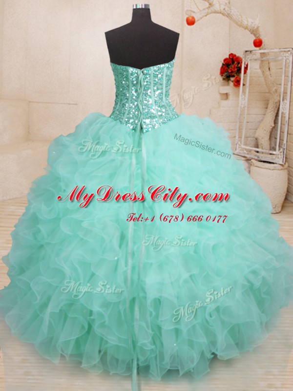 Apple Green Lace Up Sweetheart Beading and Ruffles Sweet 16 Dress Organza Sleeveless