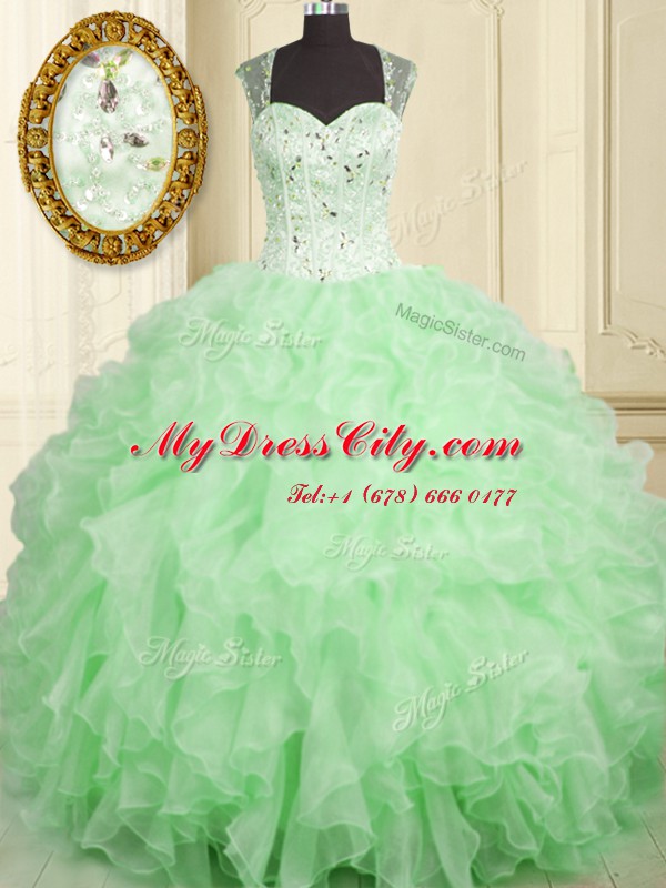 Sleeveless Organza Floor Length Lace Up Quinceanera Gowns in with Beading and Ruffles