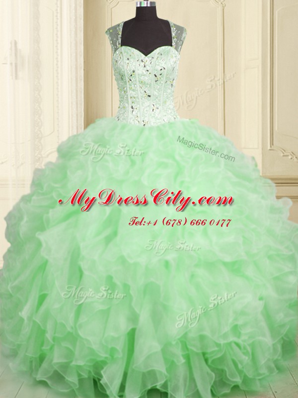 Sleeveless Organza Floor Length Lace Up Quinceanera Gowns in with Beading and Ruffles