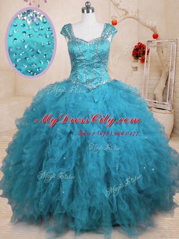 Tulle Cap Sleeves Floor Length Ball Gown Prom Dress and Beading and Ruffles