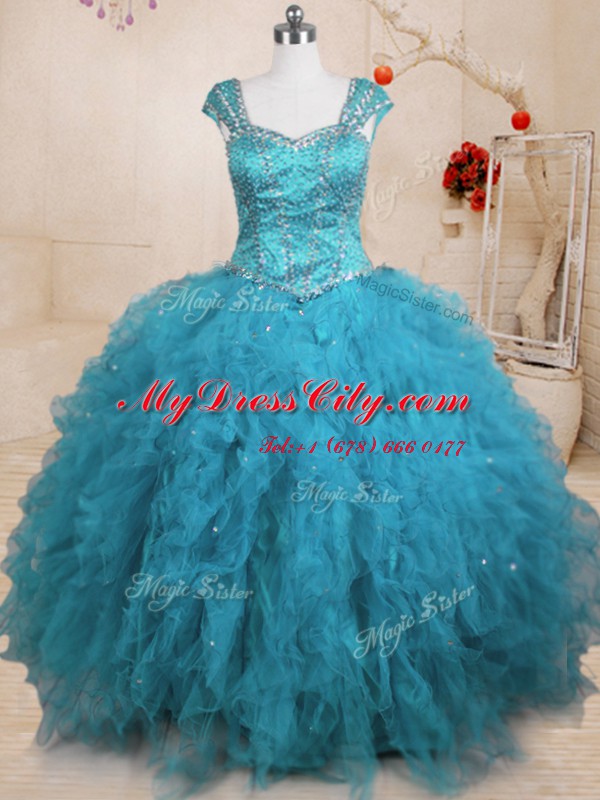 Tulle Cap Sleeves Floor Length Ball Gown Prom Dress and Beading and Ruffles