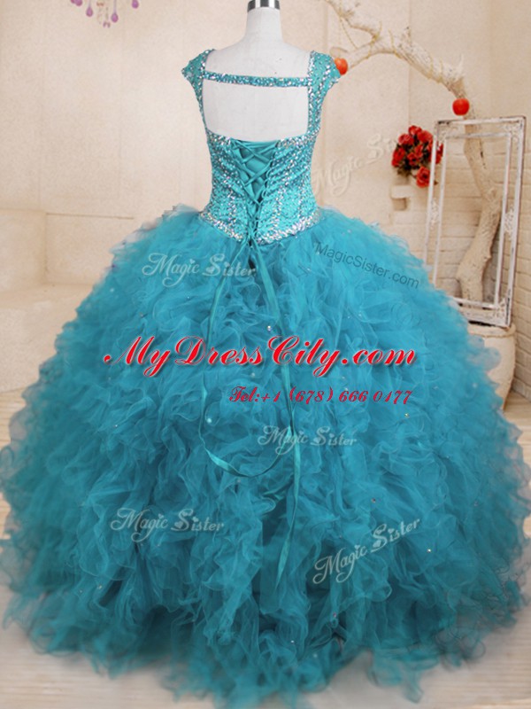 Tulle Cap Sleeves Floor Length Ball Gown Prom Dress and Beading and Ruffles