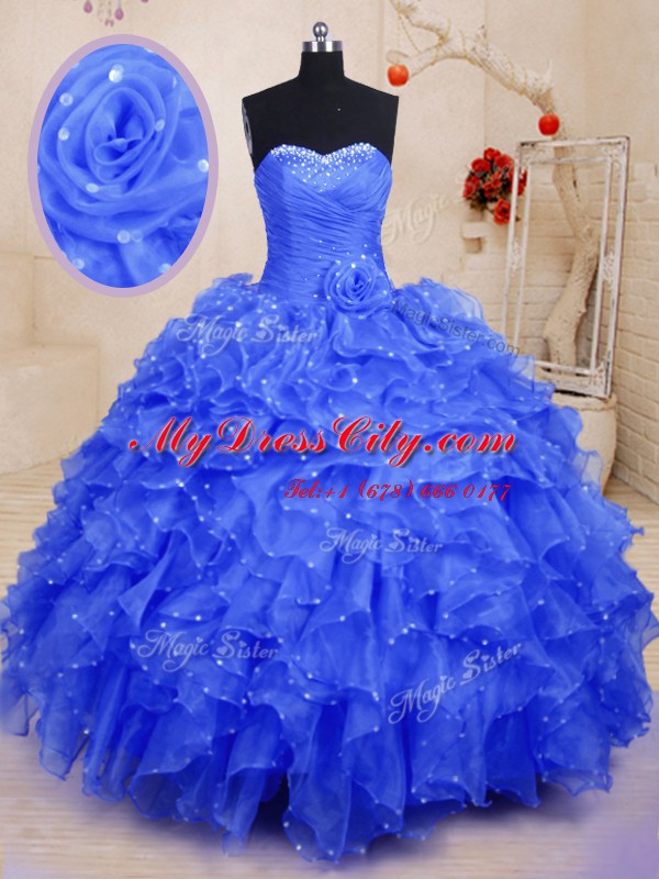 Exceptional Organza Sweetheart Sleeveless Lace Up Beading and Ruffles and Hand Made Flower Quinceanera Gowns in Blue