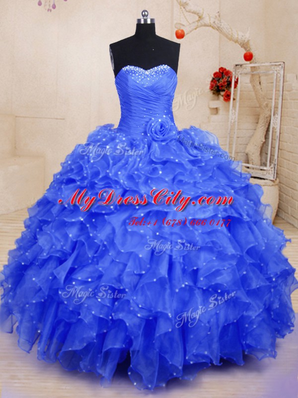 Exceptional Organza Sweetheart Sleeveless Lace Up Beading and Ruffles and Hand Made Flower Quinceanera Gowns in Blue