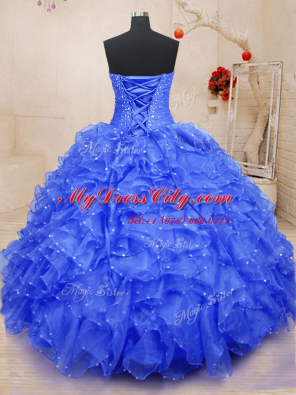 Exceptional Organza Sweetheart Sleeveless Lace Up Beading and Ruffles and Hand Made Flower Quinceanera Gowns in Blue